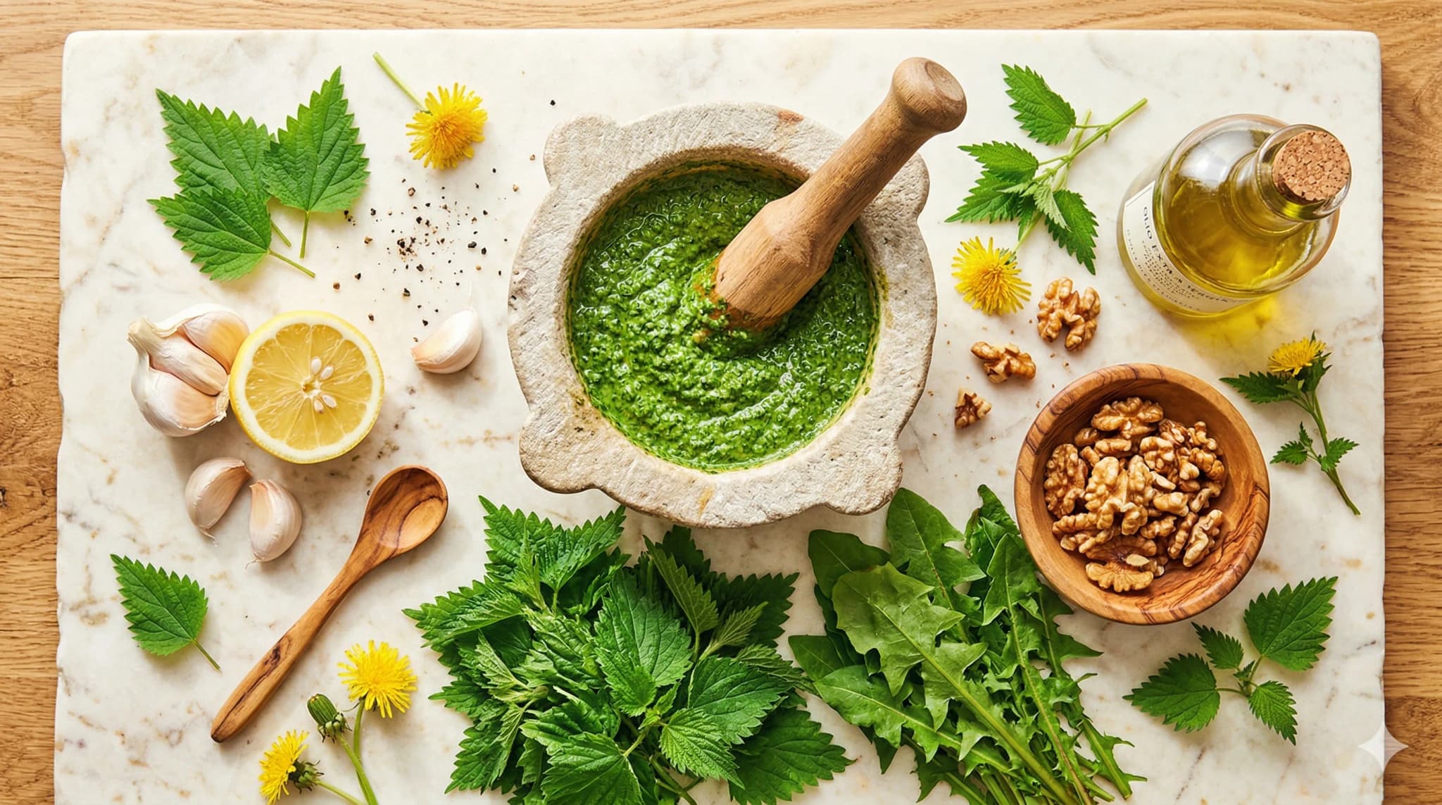 Spring nettle pesto with dandelion greens